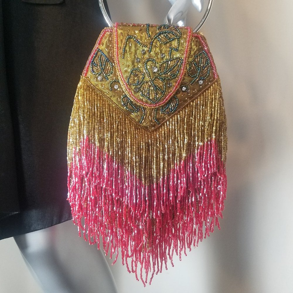 Women's Beaded Fringe Evening Bag With Metal Wristlet Handle (6.5" w x 14" h)